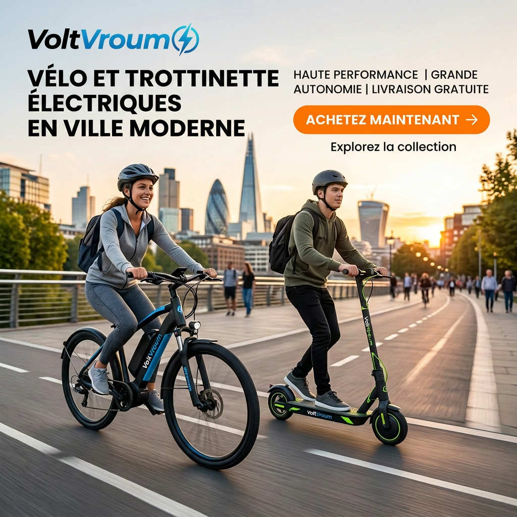 Young woman riding electric bicycle and young man riding electric scooter on urban pathway
